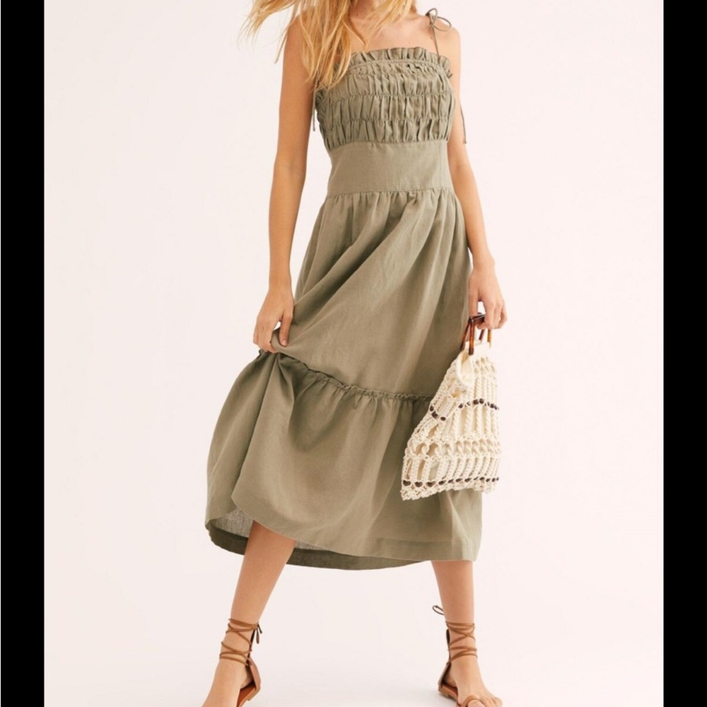 Free People Endless Summer Late Checkout Linene Blend Green Midi Dress
